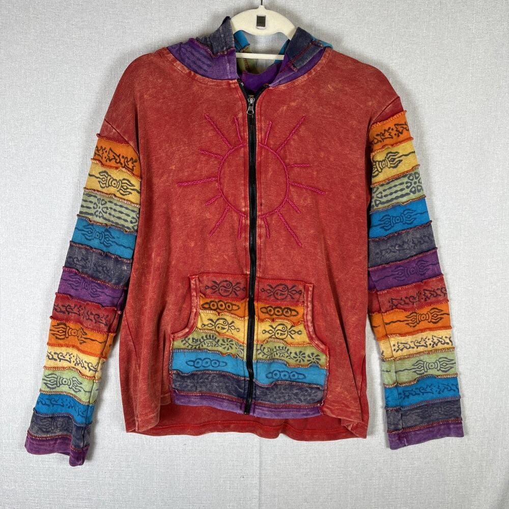 Rainbow Hoodie L/XL Greater Good Network Boho Hippie Patchwork Nepal Zip Up